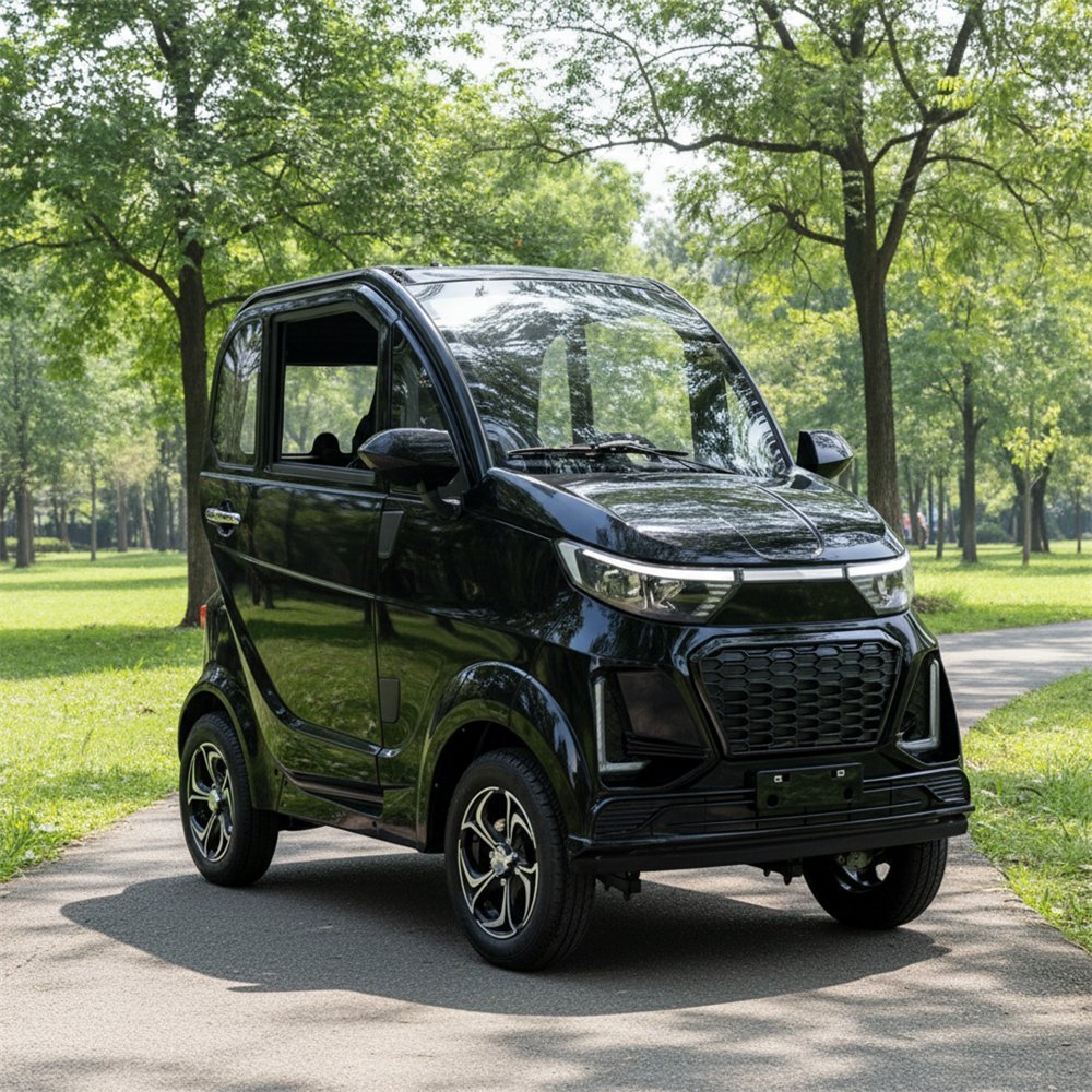 Black enclosed electric mobility scooter parked on a park path
